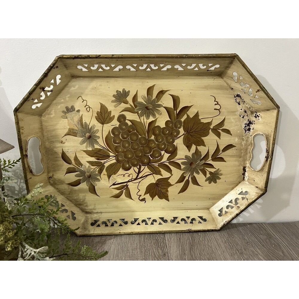 Vintage Tole Ware Tray Tan Gold Hand Painted Metal Cottagecore MCM 18”